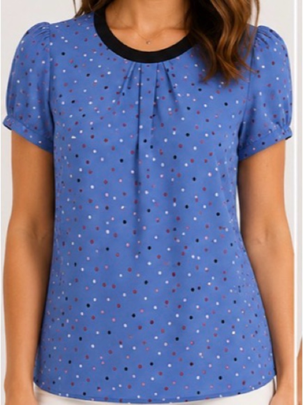Elle Blue Polka Dot Short Sleeve Blouse with Black Neckline